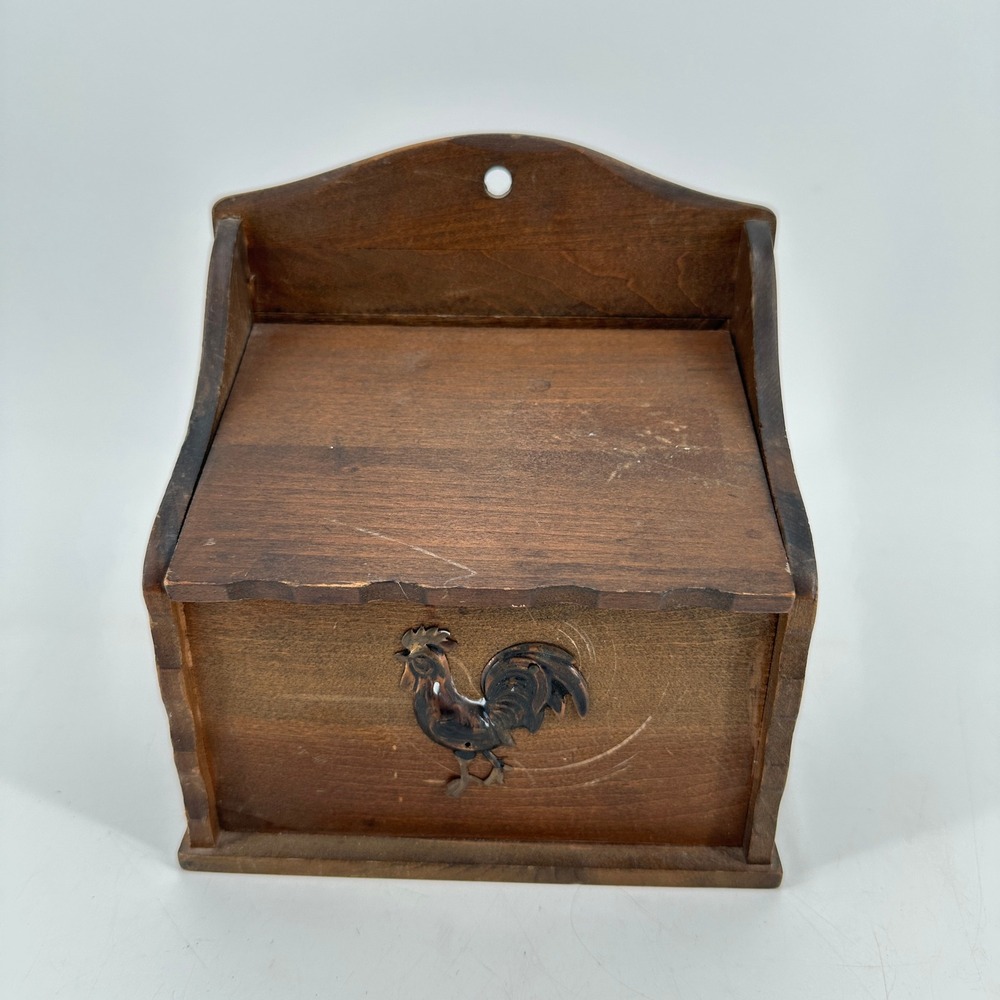 Vintage Colony Wood Recipe Box Rooster Emblem Farmhouse Kitchen Wall Mount Japan